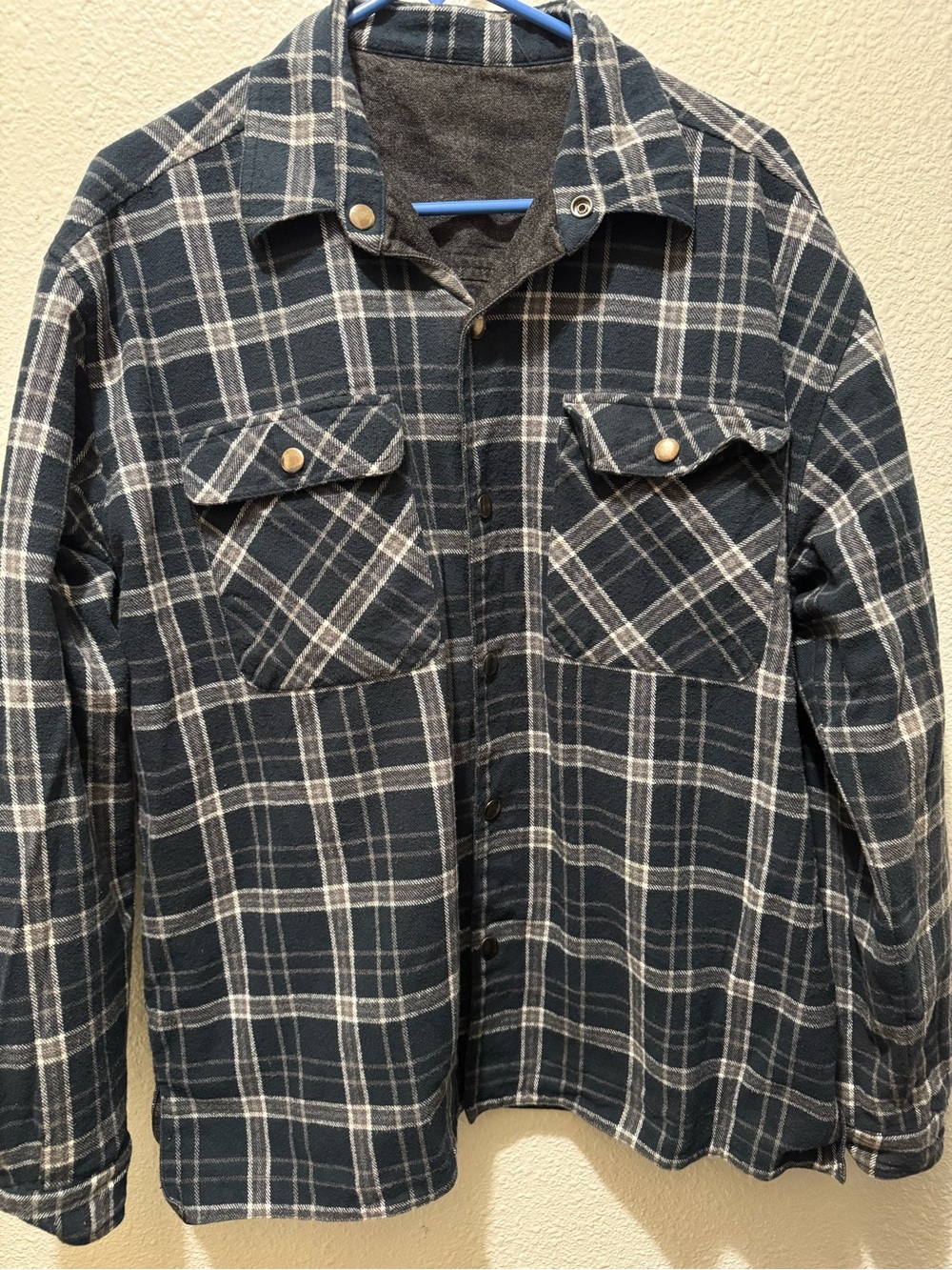 Men's Reversible Navy Plaid Button-Up Jacket Shirt